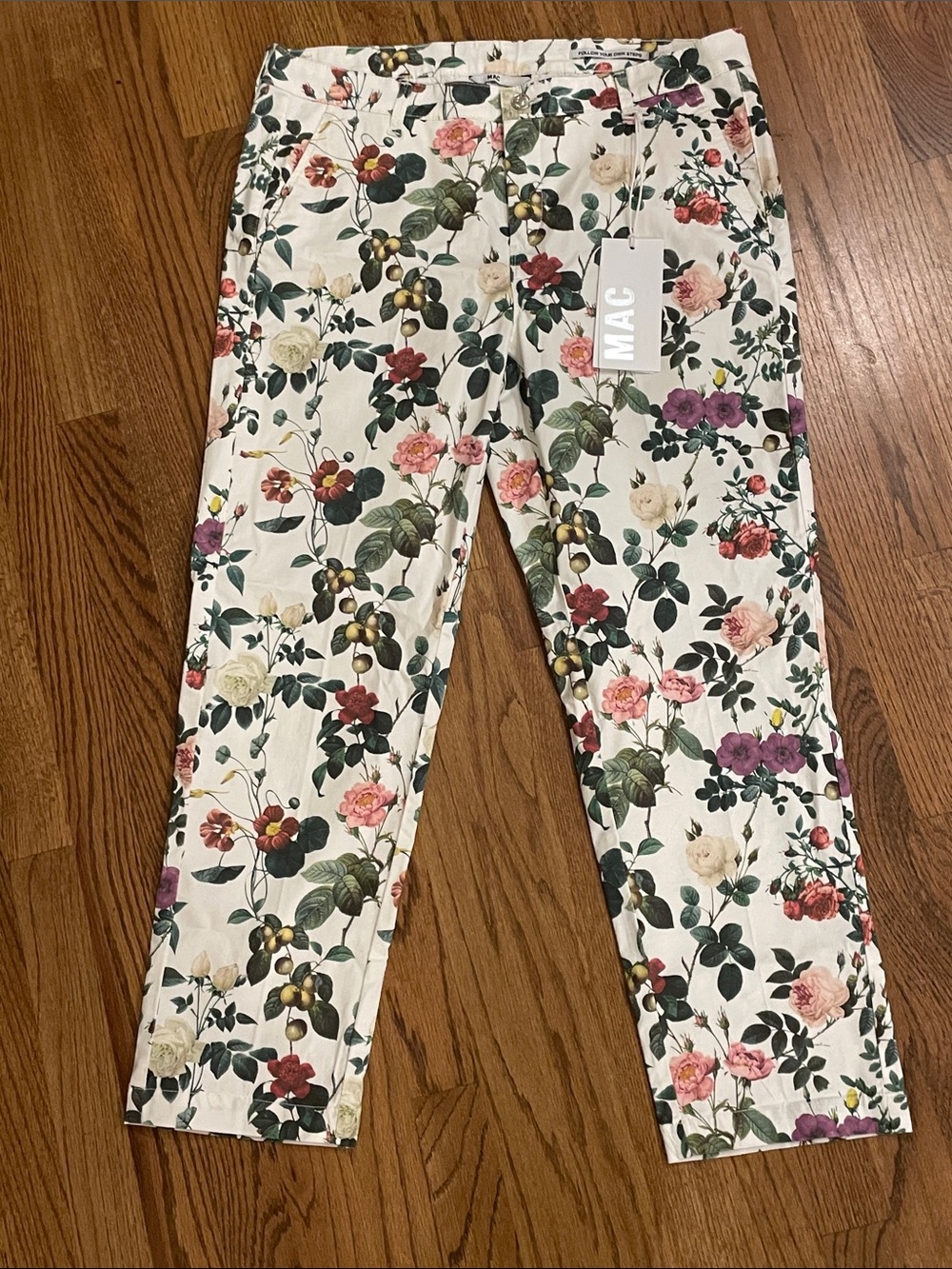 MAC Floral White Pants with Pink and Green Accents 12